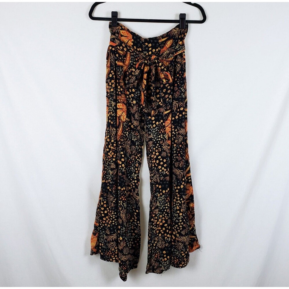 Angie Boho Resort Wide Leg Belted Pants Womens L Vacation Palazzo Rayon Cropped